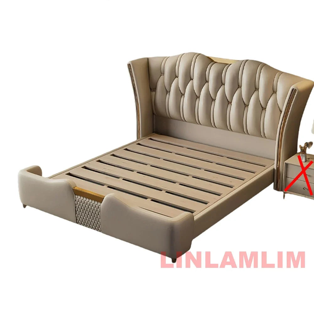 MINGDIBAO Luxuriöses, modernes Polsterbettgestell mit Goldakzenten, Designer-Bett aus echtem Leder, Schlafzimmermöbel in Queen-/King-Size