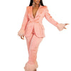 Wmstar Two Piece Set Women Turn Down Collar Feathers Patchwork Top and Pants Suit Matching Fall Clothes Wholesale Dropshpping