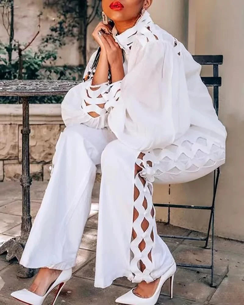 Wmstar Zweiteiliges Set Damen Übergröße Hohl Sexy Jugendlich Alltag Weich Langarm Mode Hosen Weites Bein Großhandel Dropshipping