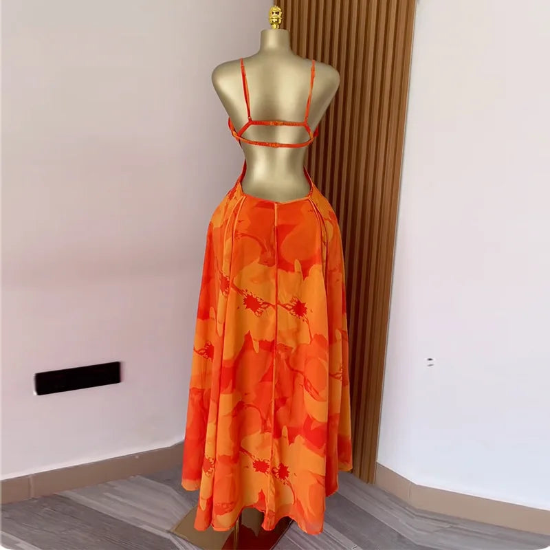 CM.YAYA Damen Blumenmuster Trägerloser Rückenfreier BH Vorne Großes Swing Maxi Langes Kleid 2025 Vintage Sexy Club Party Abendkleider