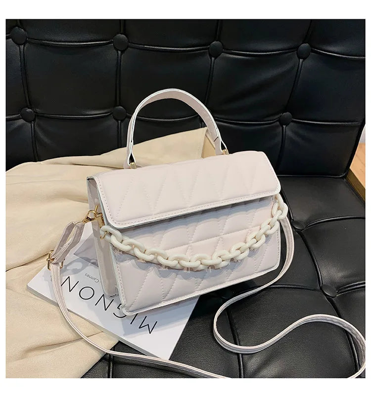 Solid Plaid Crossbody Bags For Women, Chain Decor Fashion Shoulder Bag Ladies Handbag For Daily Used