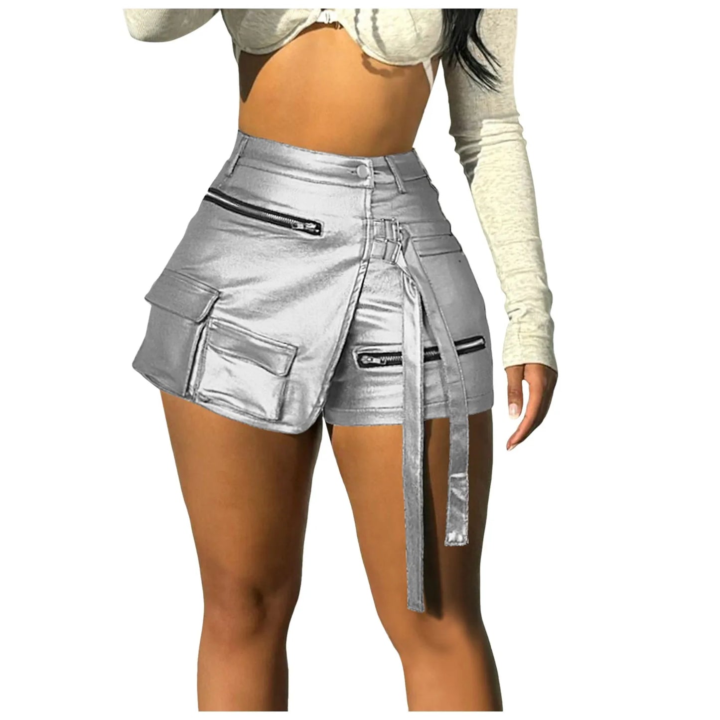 Womens Glitter Metallic Pu Leather Booty Shorts Elastic Waist Solid Color Hotpants With Tight Fit Shorts Nightclub Bar Shorts