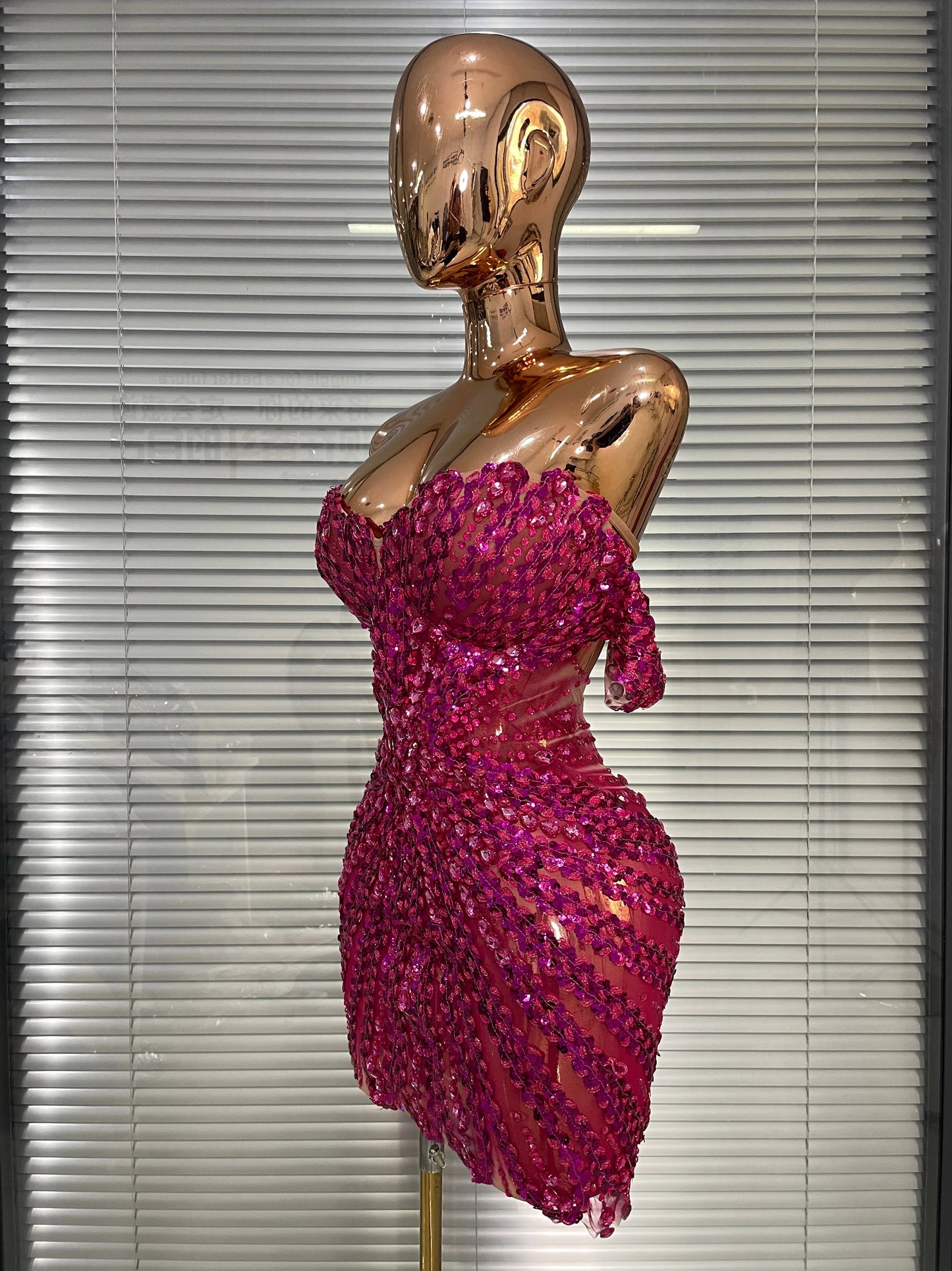Show Dress Costumes Women Rose Sequins Rhinestones Breast Cups Mesh Bodycon Mini Evening Club Party Birthday Dress Shoot