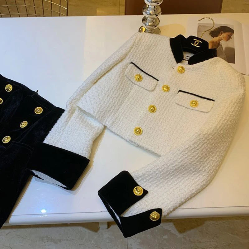 Fashion Stitching Tweed Short Jacket Women Autumn Winter Elegant Office Lady Coat Y2K Korean O Neck Single Breasted Crop Outwear