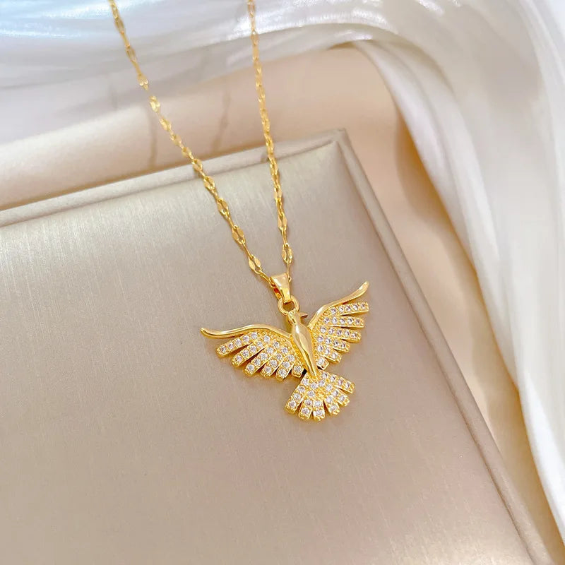DIEYURO 316L Stainless Steel Phoenix Eagles Pendant Necklace For Women Girl 2023 New Trend Choker Neck Chain Jewelry Gift Party