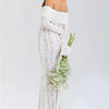 Mozision Blumen-Spitzen-Off-Shoulder Maxikleid für Damen, weiß, trägerlos, rückenfrei, langärmlig, Bodycon, Club, Party, sexy langes Kleid