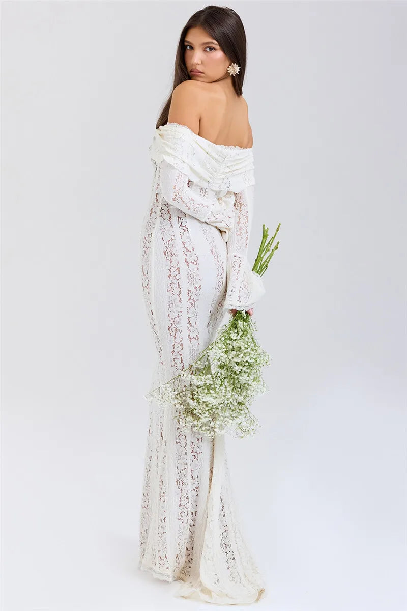 Mozision Blumen-Spitzen-Off-Shoulder Maxikleid für Damen, weiß, trägerlos, rückenfrei, langärmlig, Bodycon, Club, Party, sexy langes Kleid