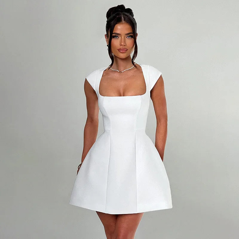 Elegant Womens White Square Collar Chic Mini Dress Luxury Short Dresses Casual Black Pink Evening Party Dresses Birthday Summer