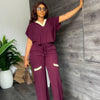 Elegant Women's Casual Short Sleeve T-shirt Sports Suit Summer Fashion Solid V Neck Short Top & Straight Pants Two Piece Sets