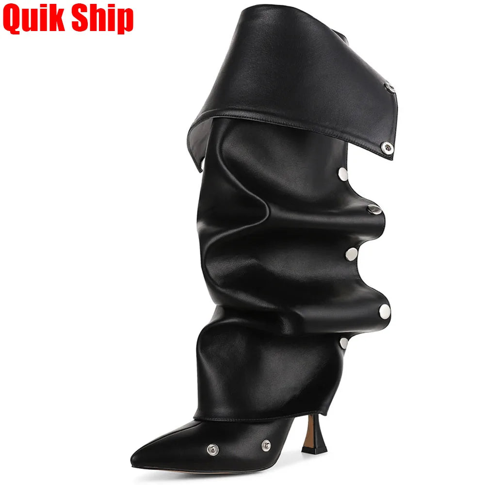 GIGIFOX Kniehohe Stiefel mit Umschlag für Damen Stiletto High Heels Spitz zulaufende Zehenpartie Reißverschluss hinten Verstellbare Schnalle Halbwadenhohe Stiefel