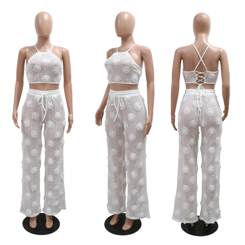 Women Two Piece Pant Sets Sexy Hollow Out Vest Sleeveless Tanks Tops Splice Long Pants Drawstring Streetwear Summer 2025