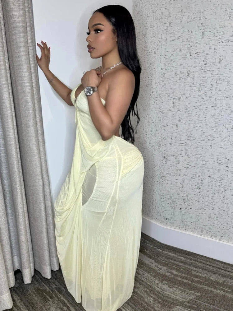 Beyprern Sexy Rhinestone Chain Halter Backless Maxi Dress Women 2026 Summer Cut Out Ruched Club Vestidos Bodycon Long Dresses