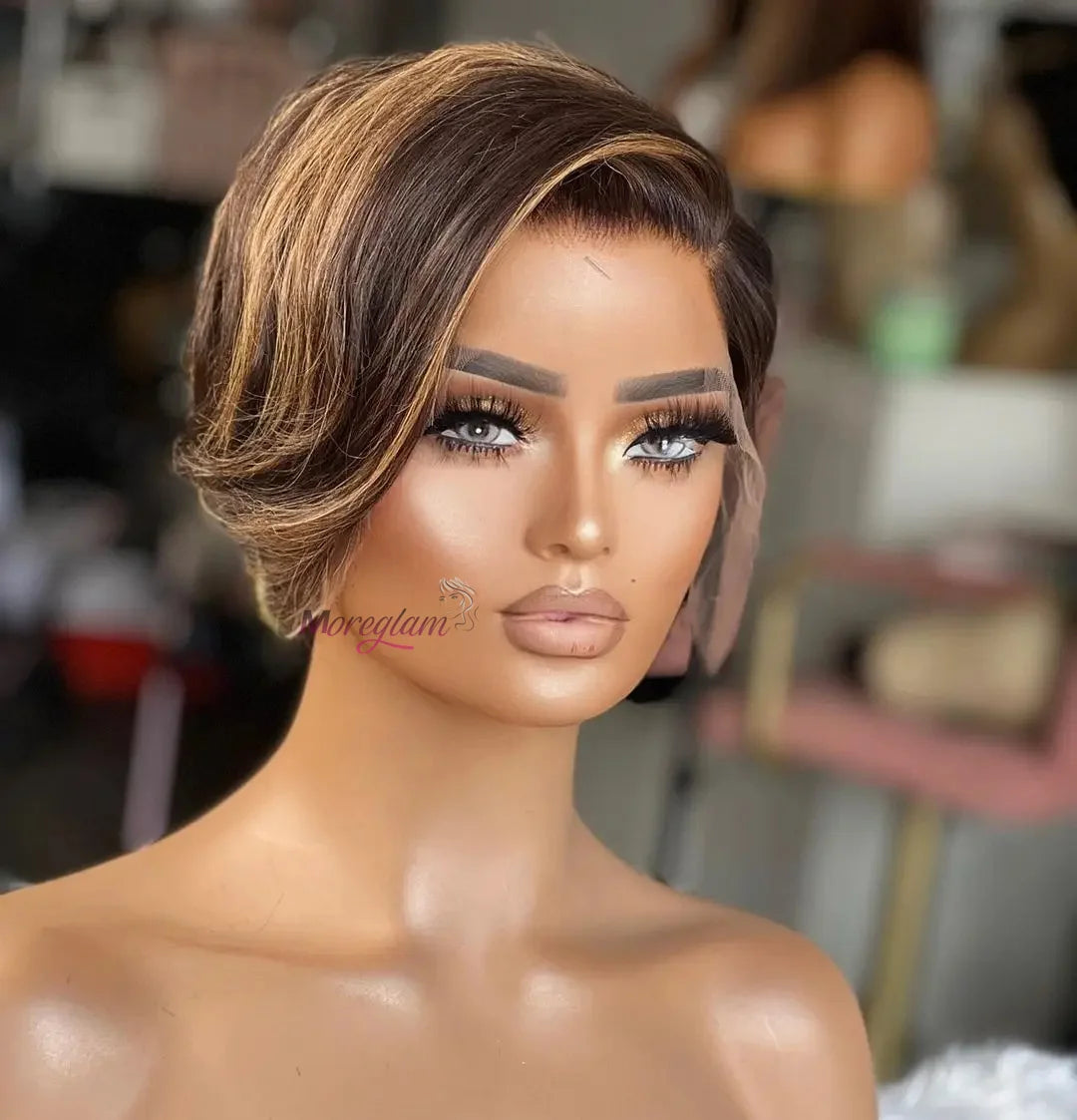Kurze Bob Perücke Pixie Cut Perücke Glatte Echthaarperücken 13x4 Transparente Lace Front Perücke Für Frauen Highlight Glatte Pixie Cut Perücke