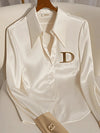 Elegante französische Damen Bluse aus weißem Satin mit Umlegekragen Langarmbluse Herbst/Winter für Frauen Lässig Schlicht Office Lady