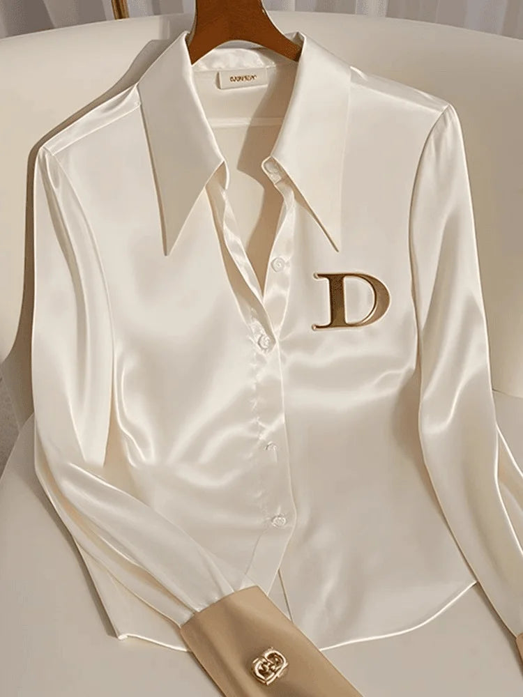Elegante französische Damen Bluse aus weißem Satin mit Umlegekragen Langarmbluse Herbst/Winter für Frauen Lässig Schlicht Office Lady