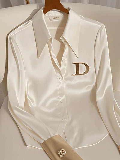 Elegante französische Damen Bluse aus weißem Satin mit Umlegekragen Langarmbluse Herbst/Winter für Frauen Lässig Schlicht Office Lady