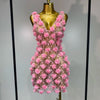 Women Luxury Pink Flowers Pearls Lace See Through Bodycon Mini Dress Birthday Photoshoot Evening Party Nightclub Stage Costume