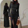 Mozision Rollkragen Oberschenkelhohes Schlitz Sexy Maxikleid für Damen Mode Langarm Drapierte Bandage Bodycon Club Langes Kleid