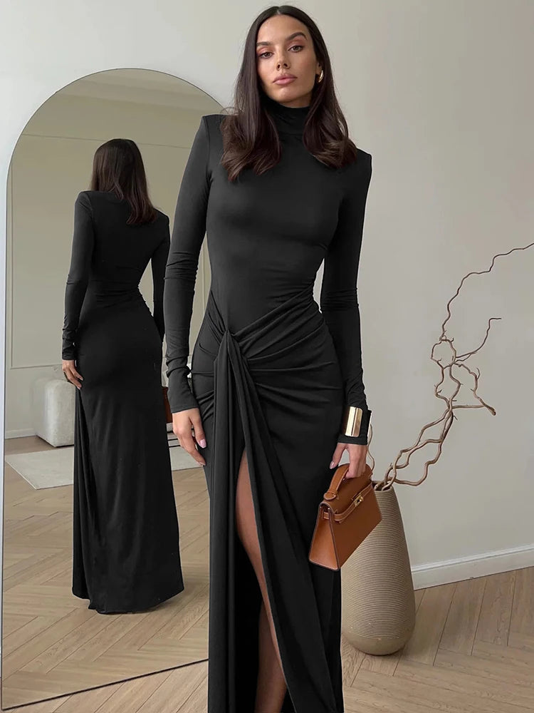 Mozision Rollkragen Oberschenkelhohes Schlitz Sexy Maxikleid für Damen Mode Langarm Drapierte Bandage Bodycon Club Langes Kleid