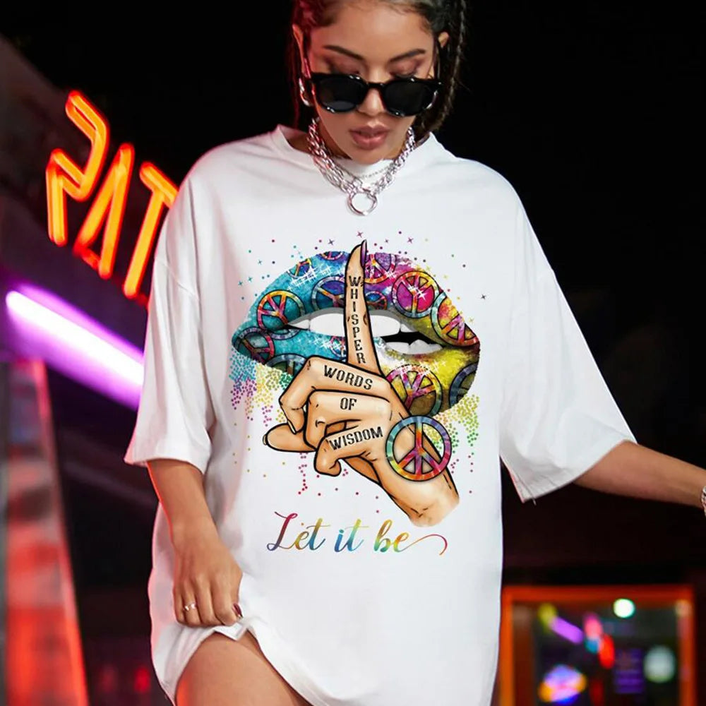Women's summer casual fashion loose plus size letter lip print pattern printed short sleeved summer T-shirt dress