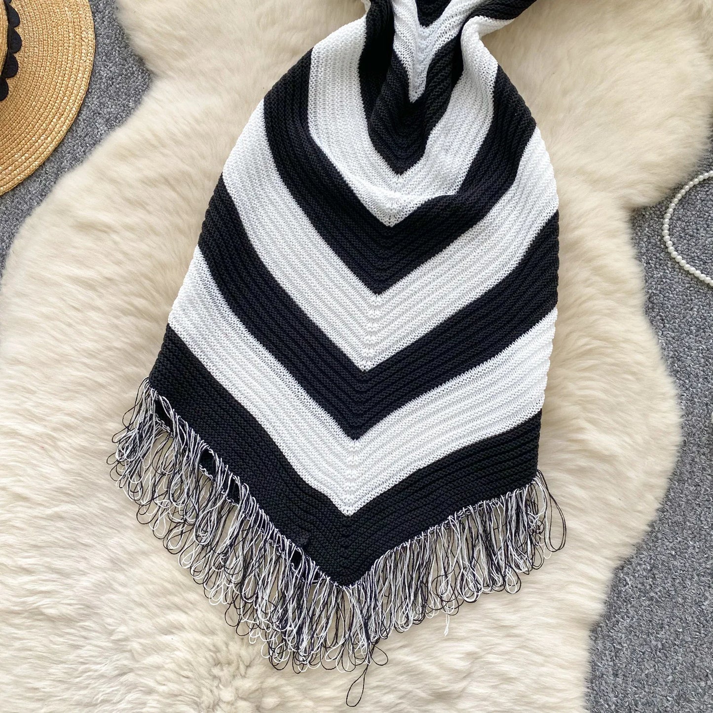 Joskaa 2025 Women's Striped Patchwork Knitted V-Neck Sleeveless Bodycon Asymmetric Fringe Hem Dress Holiday Beach Streetwear
