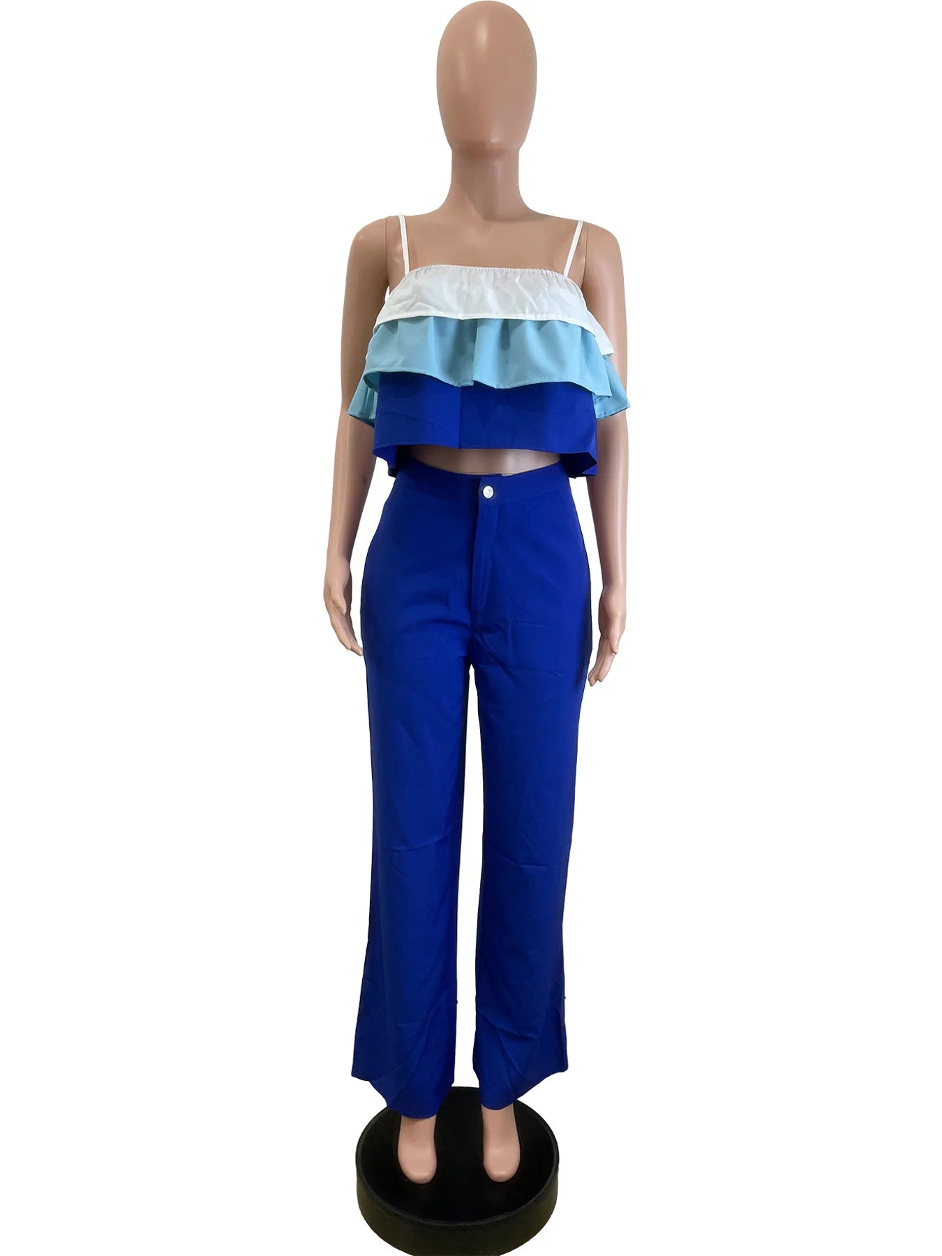 CM.YAYA Fashion Party Women's Set Patchwork Cascading Ruffles Strap Crop Top and Wide Leg Suit 2025 Chic Two 2 Piece Sets Outfit
