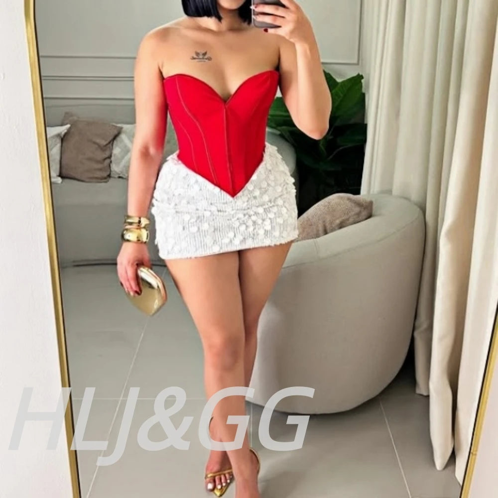 HLJ&GG Sexy Off Shoulder Corset Vest Two Piece Sets Women Sleeveless Backless Bandage Irregular Top + Sequin Mini Skirts Outfits