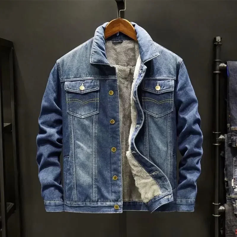 Thickened Fleece-Lined Denim Jacket Men's Loose Fit Warm Work Clothes Trendy Korean Style Versatile Plus Size Casual Wear