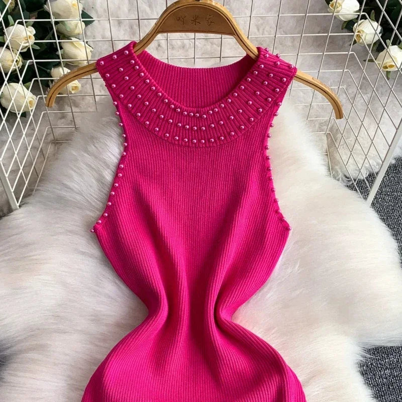 White Ribbed Knit Bodycon Mini Dress Women's Sleeveless Sundress Halter Neck with Pearl Trim Stretchy Elegant Party Clubwear