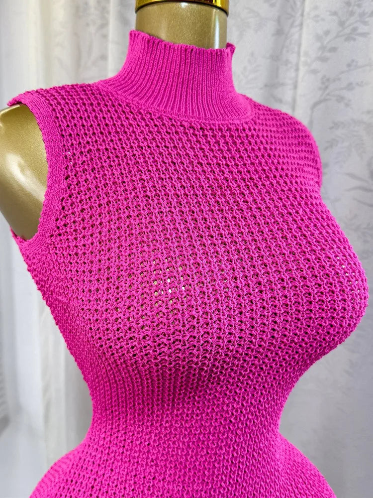 Joskaa 2025 Summer Women Elegant Round Neck Sleeveless Tassels Hem Bodycon Mini Knitted Dress Holiday Beach Party Clubwear