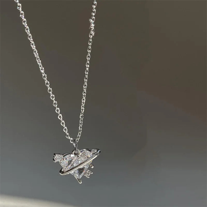 Y2K Rosa Planet Herz Zirkon Anhänger Halsketten Frauen Mode Ästhetische Schlüsselbeinkette Halskette Valentinstag Geschenk Party Schmuck