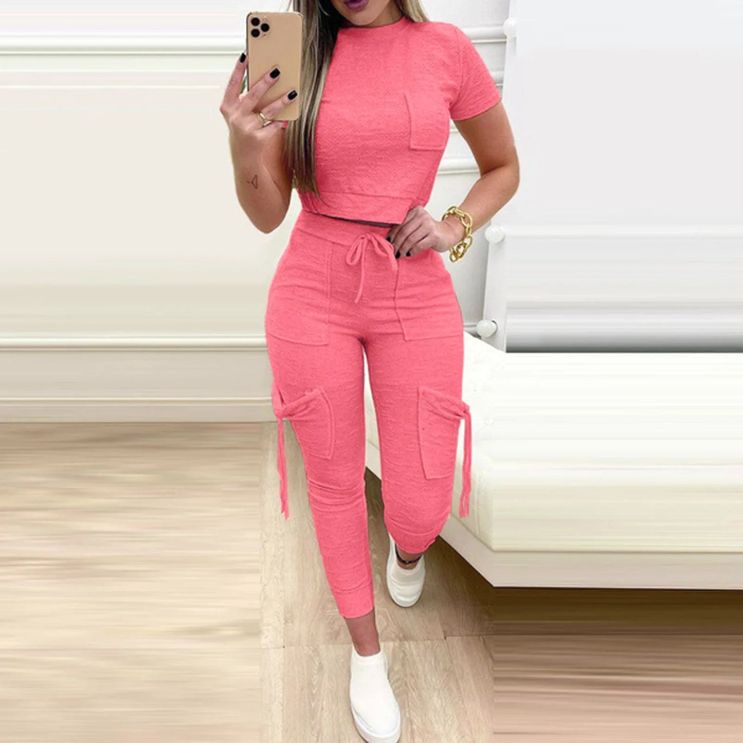 Tight Solid Color Two Piece Set Women Cropped T Shirt Slim Long Pants Pocket Ladies Sets 2025 Spring Summer Sportswear