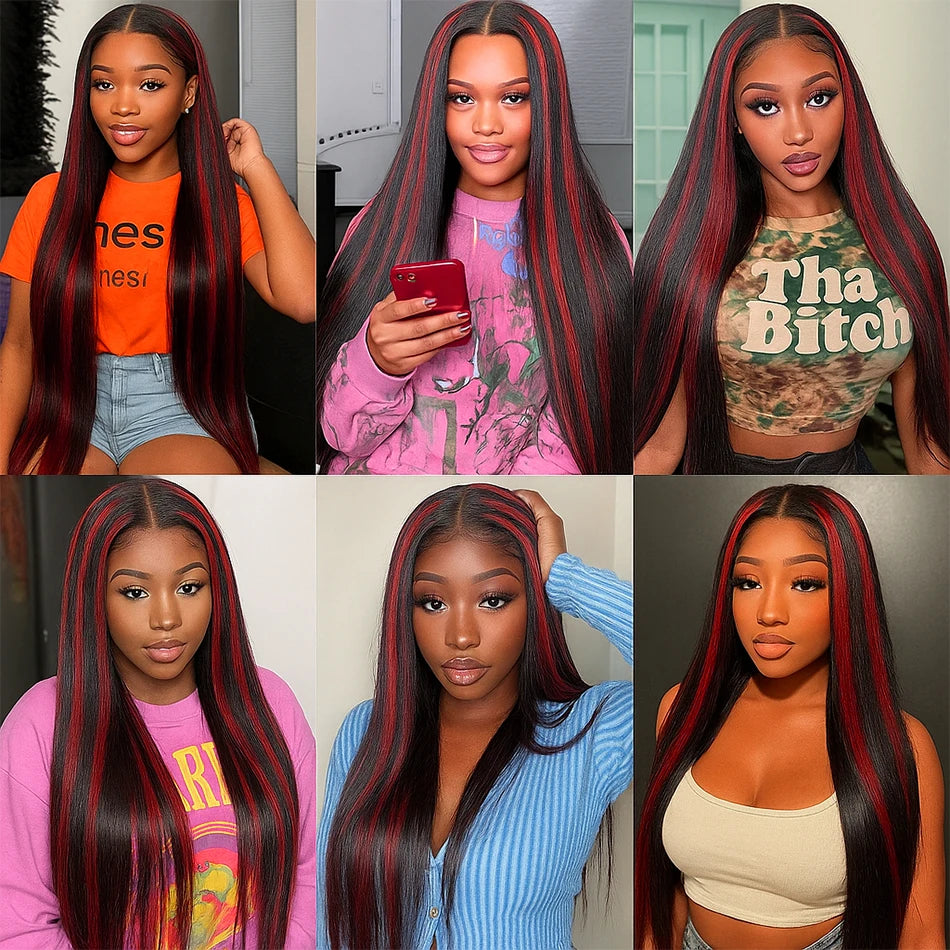 200% Upgraded 1B/99J Black With Red Bone Straight 5x5 Highlight Wig Human Hair Brazilian Burgundy Colored Glueless Wig For Women