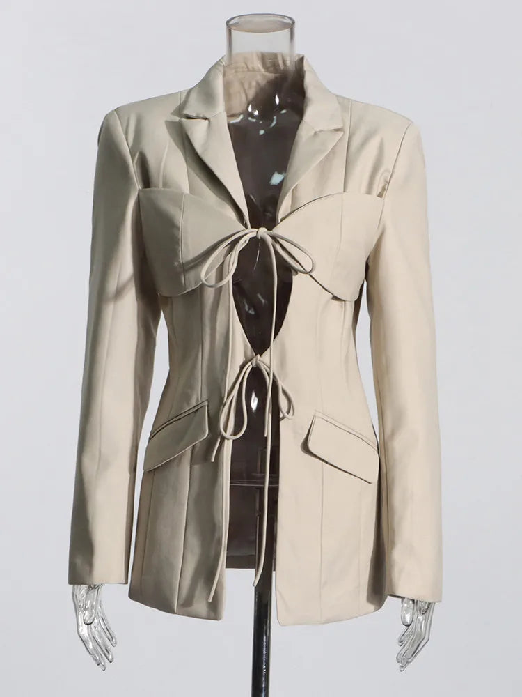 TWOTWINSTYLE Patchwork Lace Up Hohl-Blazer für Damen mit gekerbtem Kragen, langen Ärmeln, Tunika, Designer-Blazer, weibliche Mode Neu