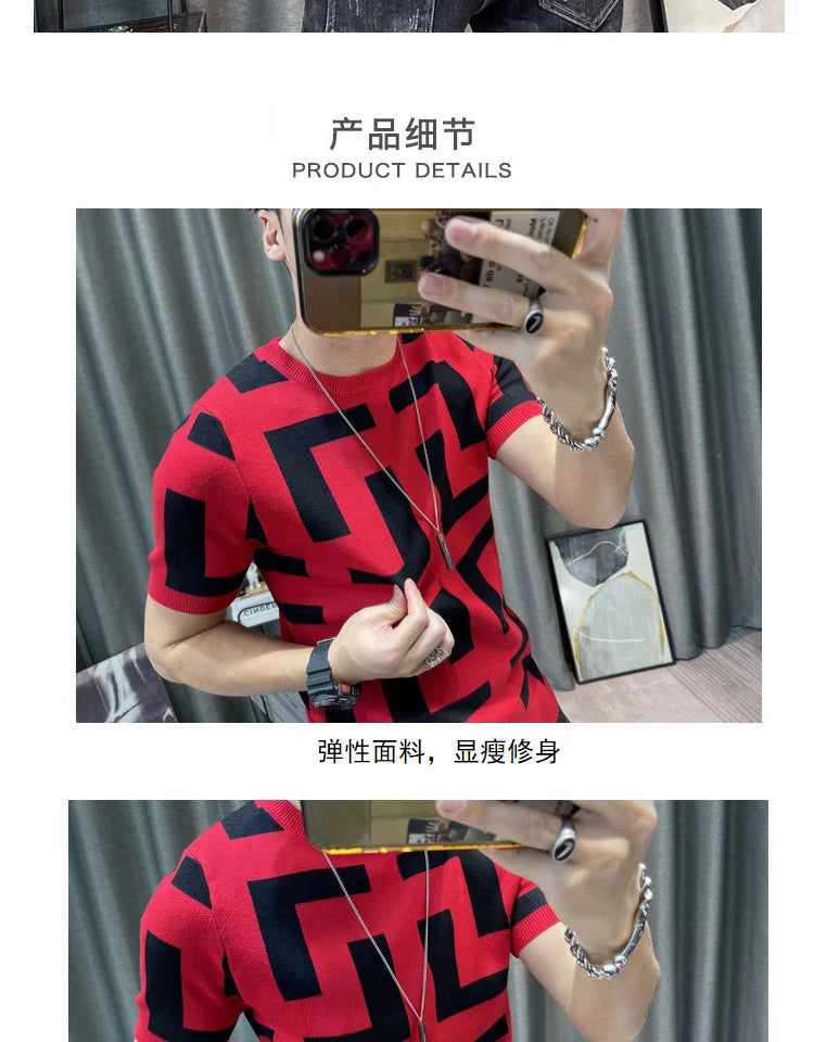Luxury Men Autumn Knitted Tshirt 2024 Korean O-neck Short Sleeve Top Tees Streetwear Male Social Club Slim Fit Casual T-Shirt
