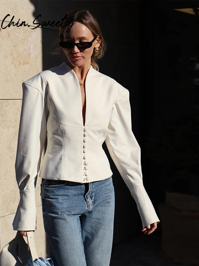 Urban White Women Blazer Coats Elegant Single Breasted V-neck Long Sleeve Female Jacket 2025 Autumn Office Lady Outwears