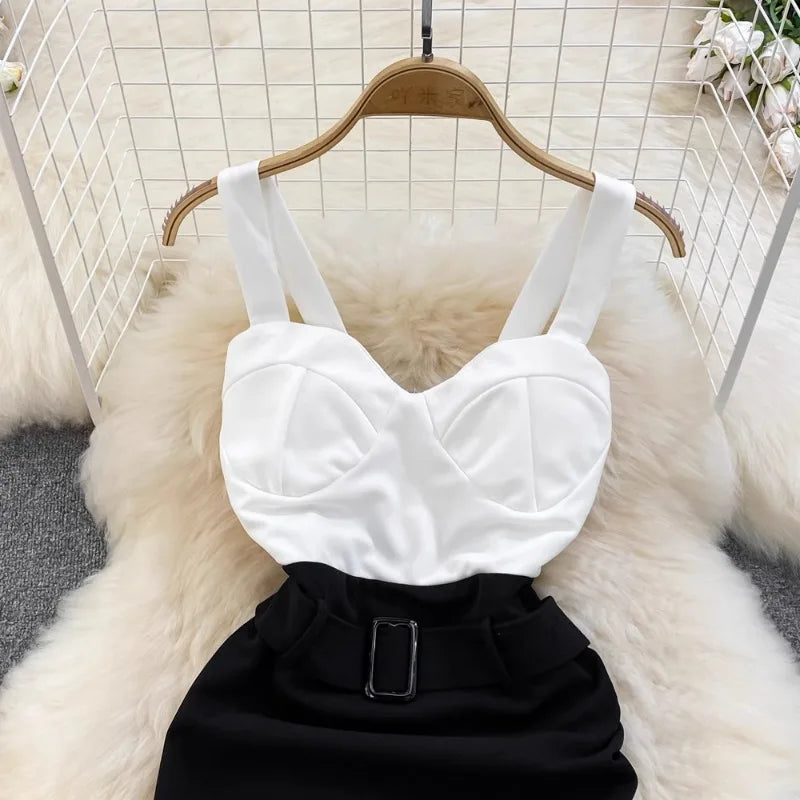 Mode-Trägerkleid Sexy Kontrastfarben-Patchwork Damenkleider Unregelmäßiges Hüftwickelkleid Büro-Dame Koreanische Ropa Mujer