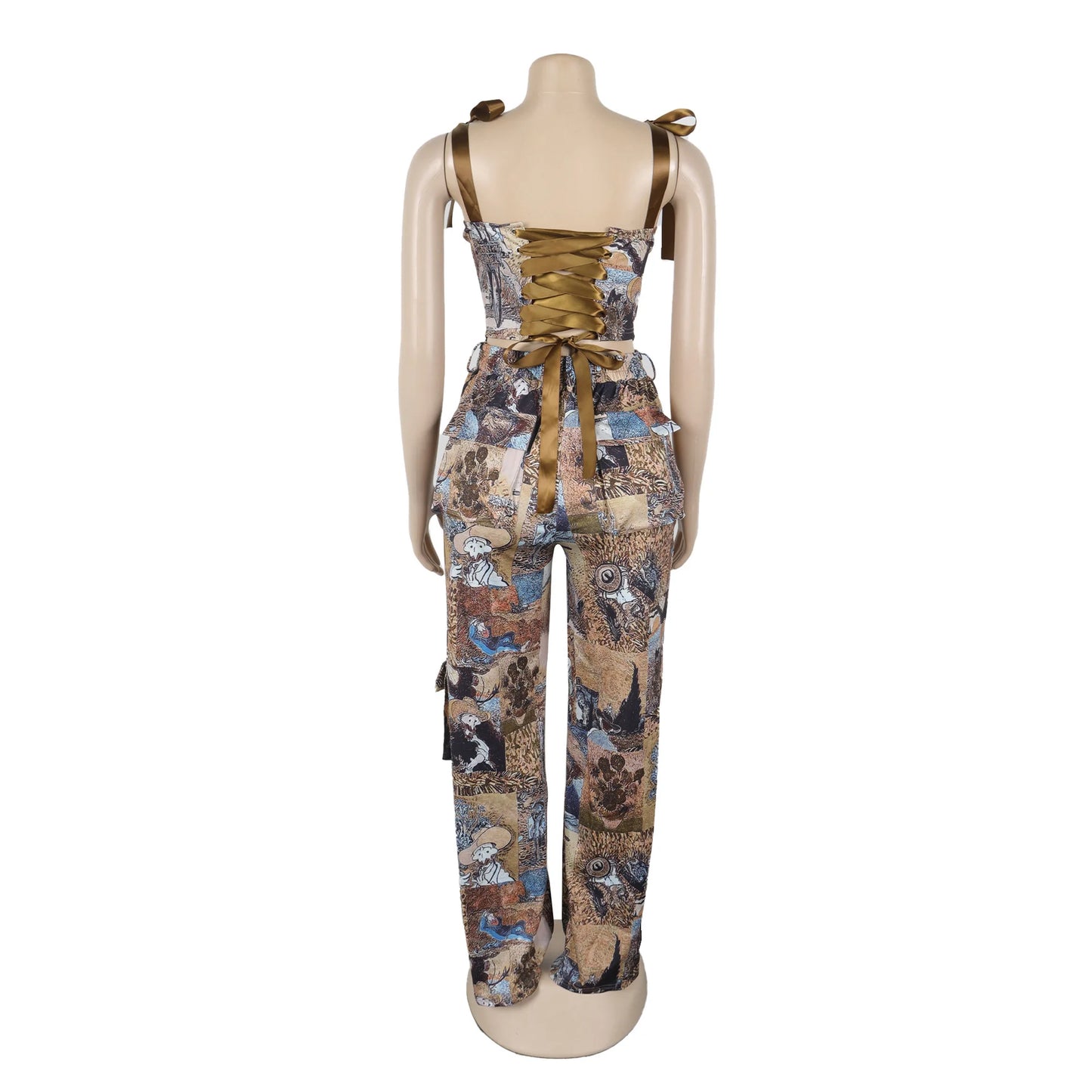 Two Pieces Women Pant Sets Print Matching Set Drawstring Pockets Sleeveless Top Elastic Waist Pants Slim Fit Casual 2026 Spring