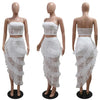 Sexy Two 2 Piece Sets Night Club Outfits for Women White Lace See Through Sleeveless Strapless Top and Ruffles Long Skirts Suit