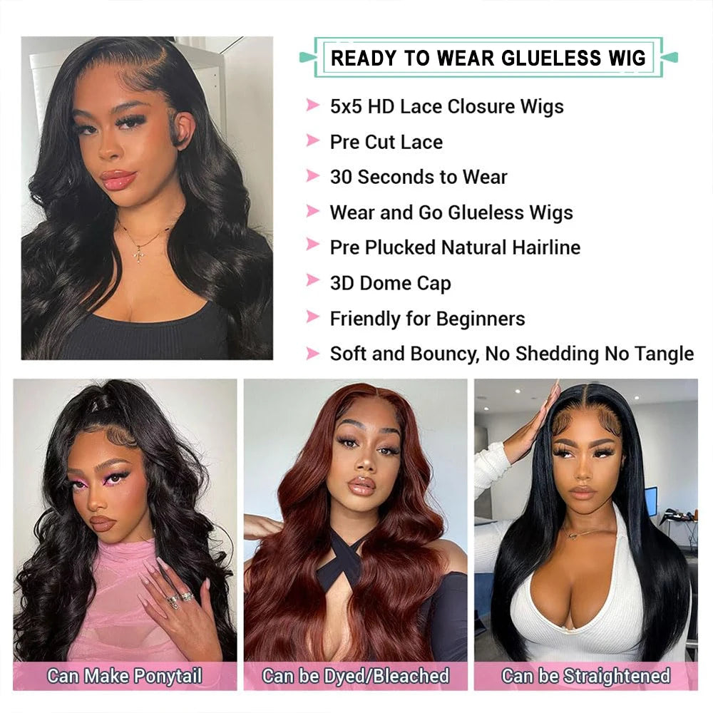 Ready To Wear 5x5 6x4 Lace Closure Perücke Body Wave Kleberlose Perücke Echthaar Ohne Kleber Vorgeschnittene Lace Perücke 180% Dichte