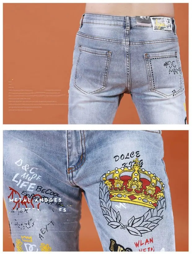 Fashion Printed Jeans Men's Korean Brand Embroidery Badge Pattern Youth Ripped Small Feet Teenagers Cowboy Pencil Pants
