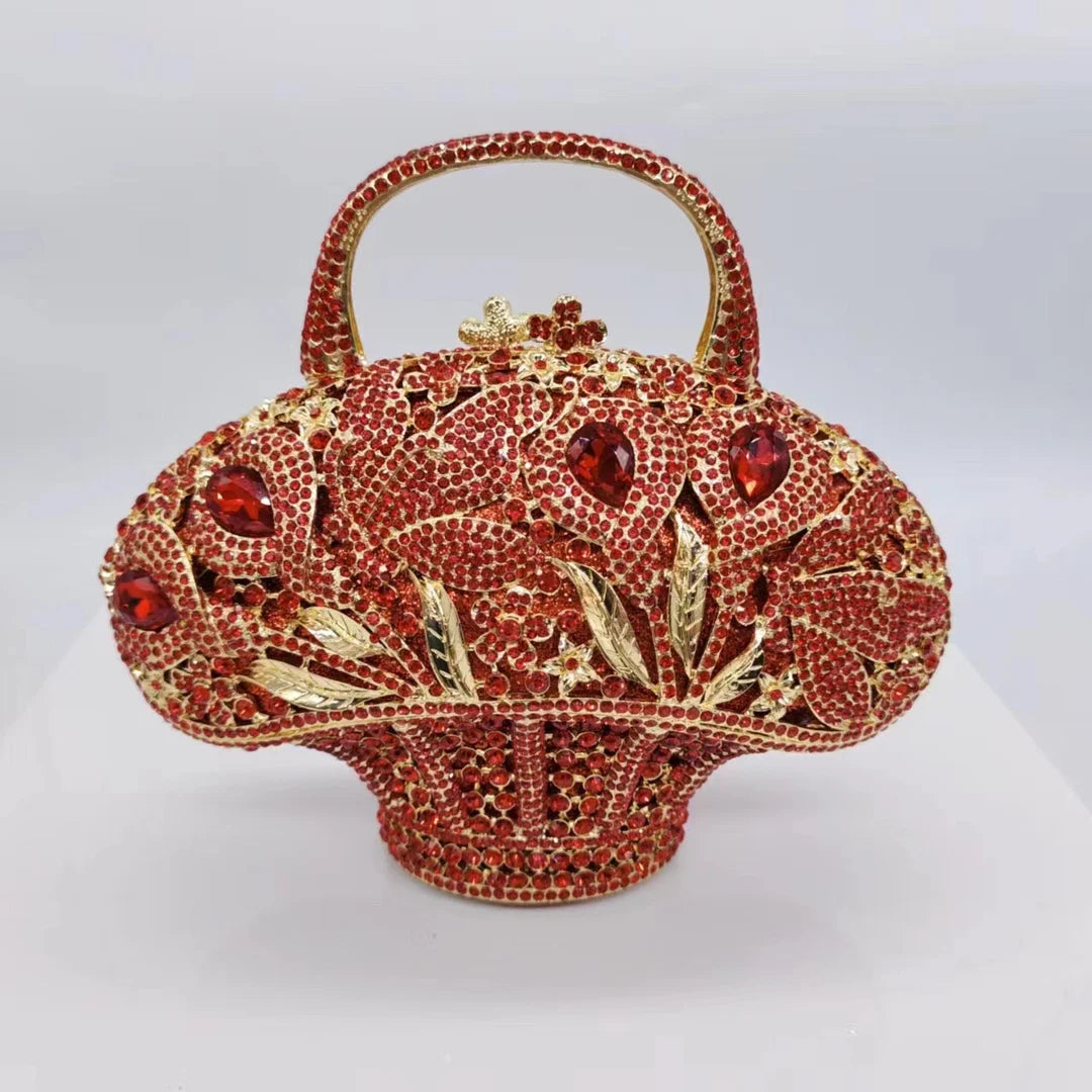 Blumenkorb Diamant-Abendtasche Metall Hohl Handgehalten Strass Damen Tasche Bankett Clutch Kristall Vintage Handtaschen
