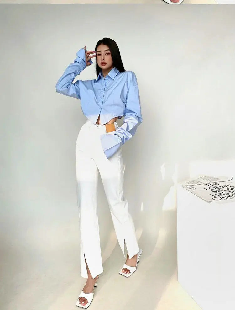 Zadily 2025 Summer Korean Style Long Sleeve White Shirt Women Sexy Button Ladies Crop Tops Blouse Street New In Female Clothing