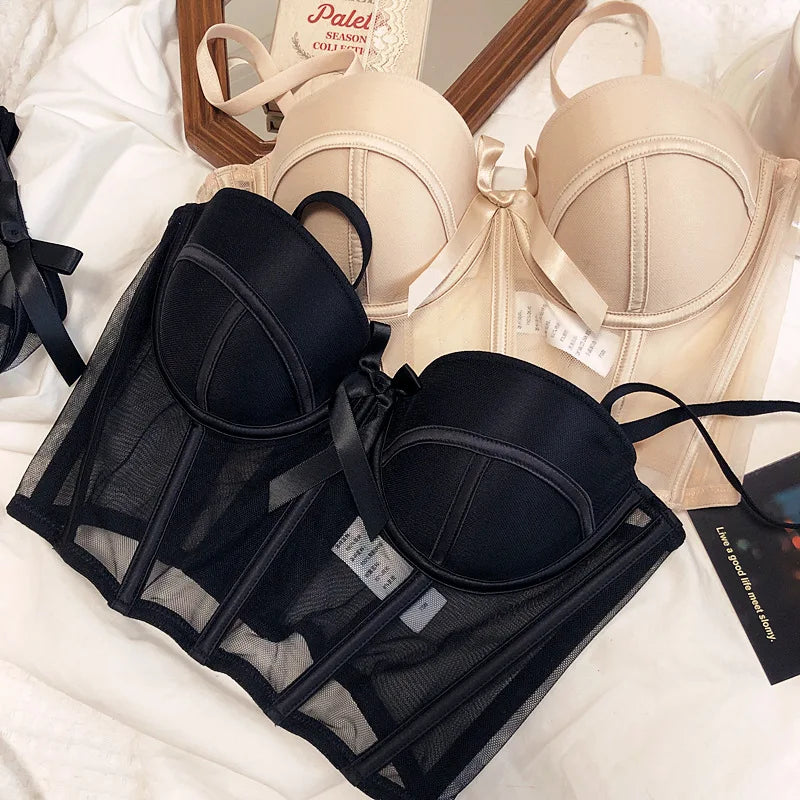 French Ladies Transparent Mesh Corset Sexy Shaper Thin Bra Set Night Club Sweet Cropped Top Girls Hot Bra and Panties Bralette