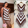 Joskaa 2025 Women's Striped Patchwork Knitted V-Neck Sleeveless Bodycon Asymmetric Fringe Hem Dress Holiday Beach Streetwear