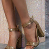 Liyke 2025 Neue Mode Glitzer Pailletten Knöchelriemen Eckige High Heels Gladiatorensandalen Damen Sommer Offene Zehen Hochzeit Ballschuhe