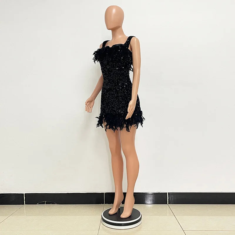 Damen Partykleid Ärmellos Glänzende Pailletten Feder Abendkleid Sexy schulterfrei rückenfrei Mini Formelle Ballkleider HXY8