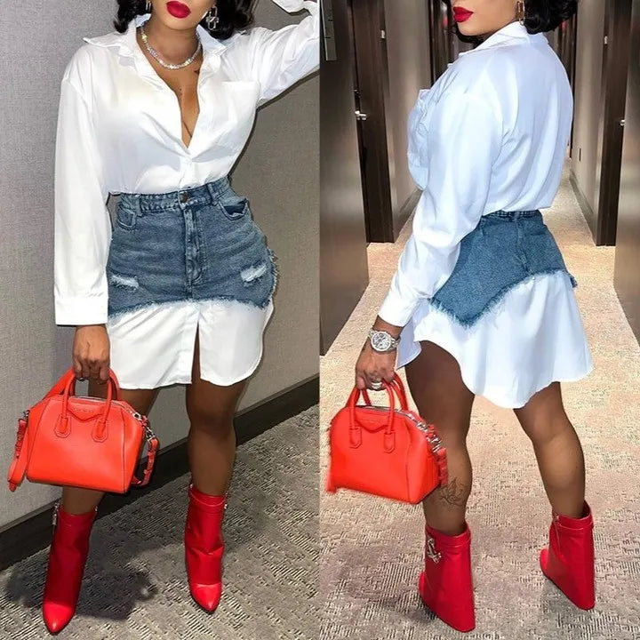 Denim 2 Piece Sets Women Shirt Skirt Suit Hole Single Breasted Turn Down Collar Pocket Splicing Outfits 2025 Skirts Ensemble