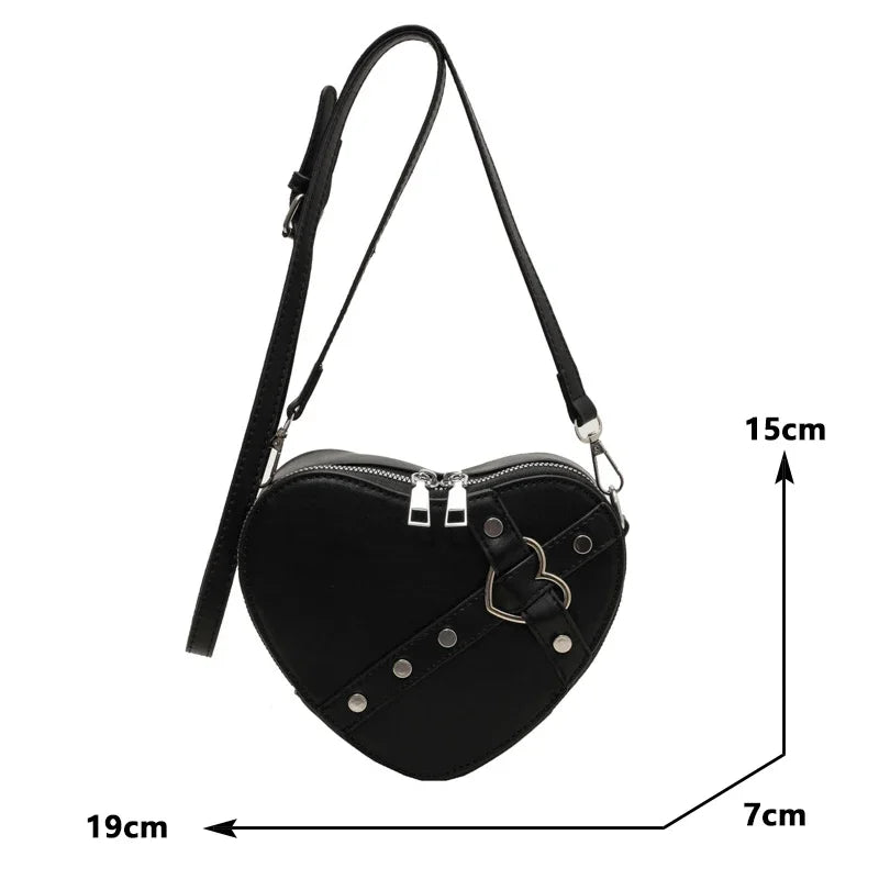 Vintage Y2K Kleine Kettennieten-Umhängetasche Herzförmige Geldbörse Handtasche Rotes PU-Leder Gothic Tote Bag Mode Frauen Umhängetasche