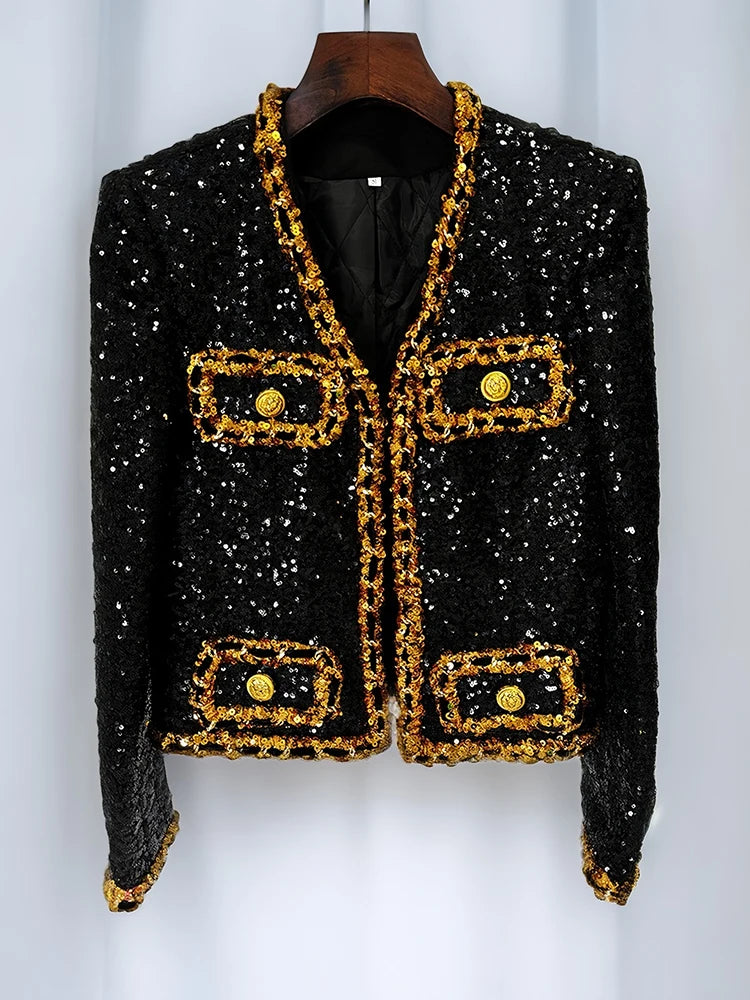 Fashion 2024 Designer Women's Gold Chains Sequined Jacket Coat Outfit Spring